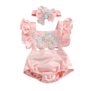 princess girls embroidery pearl flower romper