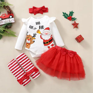 Baby Girls Christmas Outfits Cartoon Romper+Princess Tutu Skirt+Striped Leg Warmers+Headband New Year Baby Costume 2023