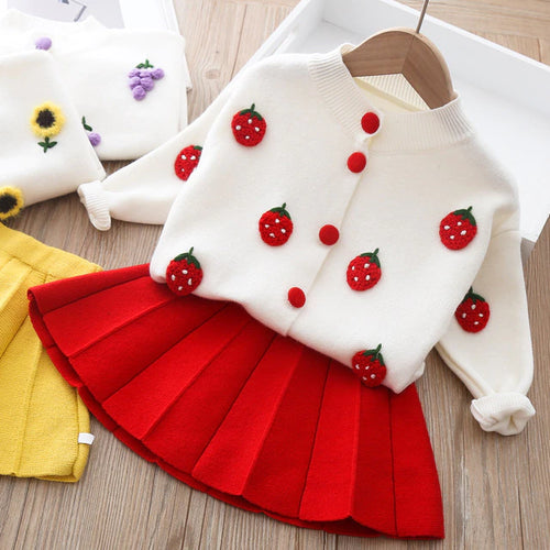 Girl Winter Sweater Dress Set / Pleated Skirt / Fruit Knitting Suit / Baby Girl Wool Cardigan / Girls Autumn Dress / Longsleeve Clothing Set