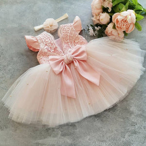 Baby party dress with bow & pearls